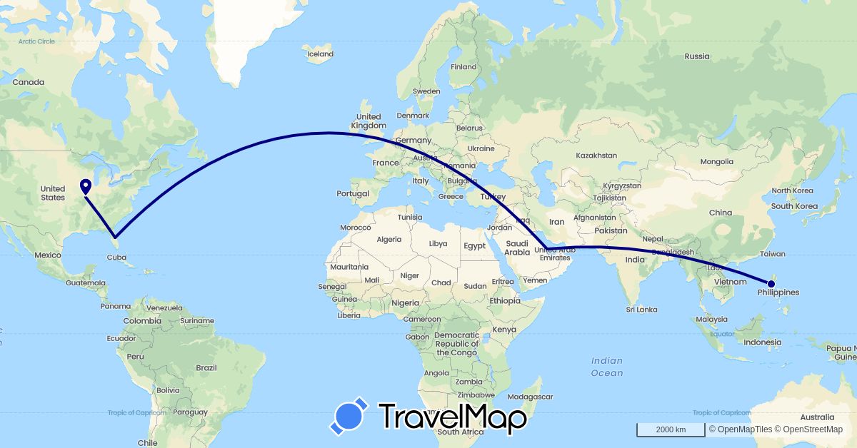 TravelMap itinerary: driving in United Kingdom, Philippines, Qatar, United States (Asia, Europe, North America)